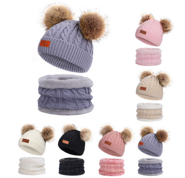 New Winter Warm Knit Pompom Beanie Scarf Hat Sets for Kids 